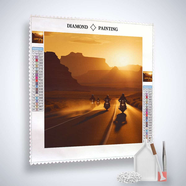 Diamond Painting Kit - Sporty Beast with motorcycles at sunset on canvas, includes acrylic diamonds, artist's tweezers, and application pen.