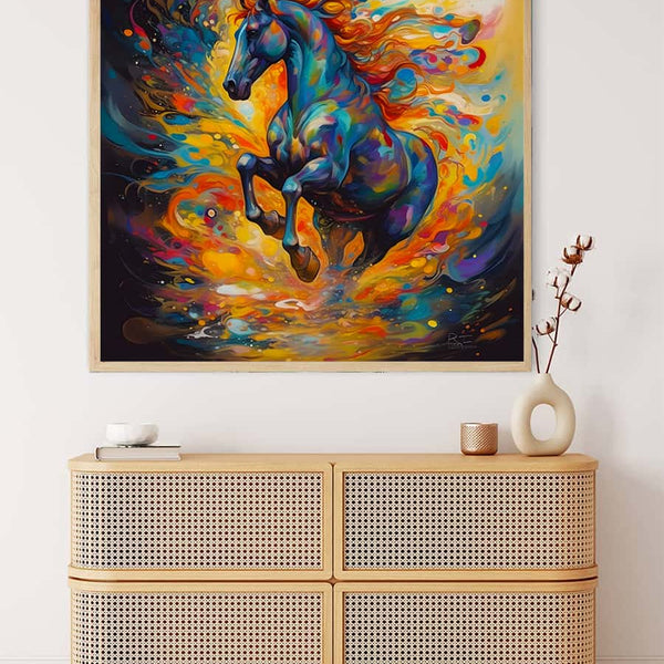 Diamond Painting Kit featuring a vibrant galloping horse design on a professional canvas, perfect for paint by numbers enthusiasts.