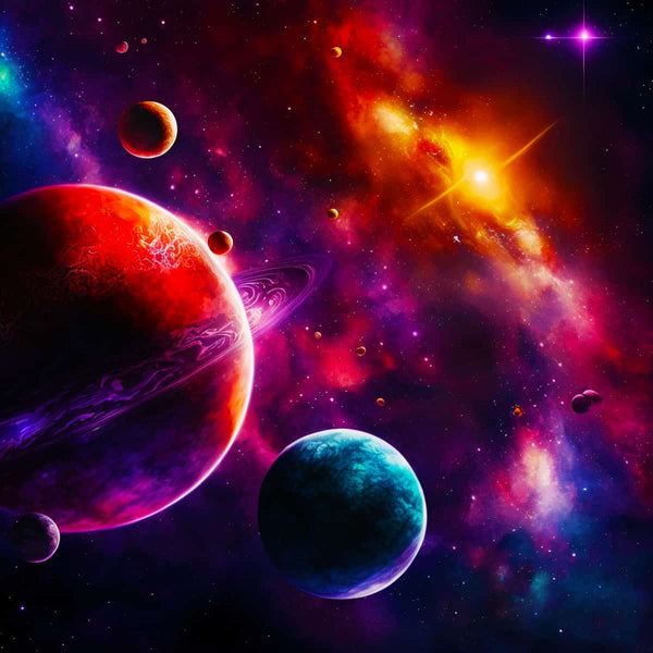 Colorful cosmic scene with vibrant planets, stars, and galaxies representing Andromeda's Secret Diamond Painting Kits.
