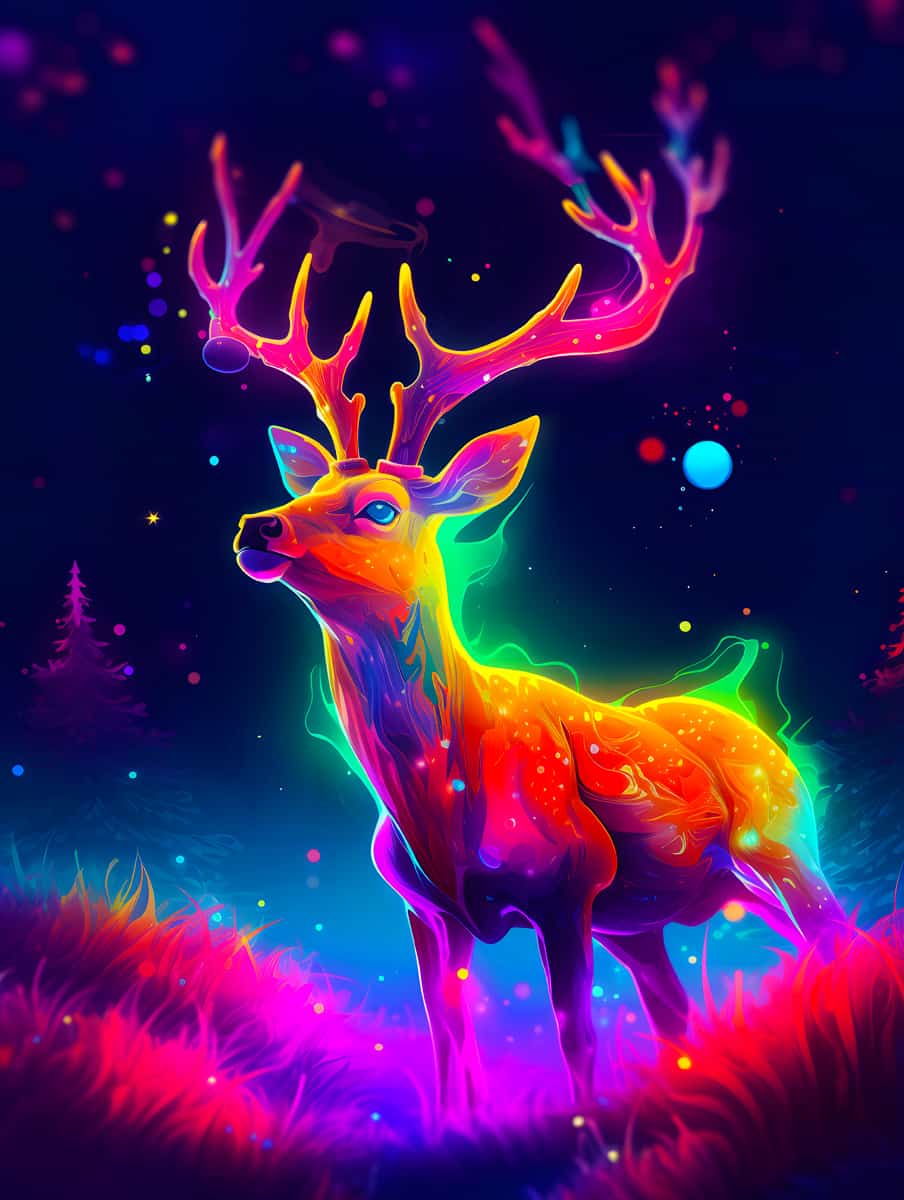 Neon glowing deer standing in a vibrant forest with luminous colors and a starry night sky background