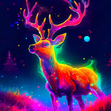 Neon glowing deer standing in a vibrant forest with luminous colors and a starry night sky background
