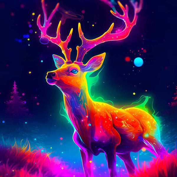 Neon glowing deer standing in a vibrant forest with luminous colors and a starry night sky background