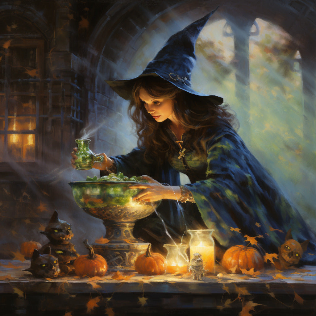 Witch brewing potion with Halloween pumpkins, black cats, and candles in a mystical, gothic setting - Paint by Numbers Halloween magic brews