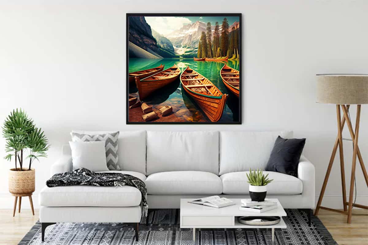 Diamond Painting of Mountain Lake with Boats on a Modern Living Room Wall
