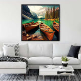 Diamond Painting of Mountain Lake with Boats on a Modern Living Room Wall