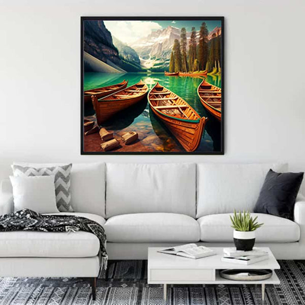 Diamond Painting of Mountain Lake with Boats on a Modern Living Room Wall