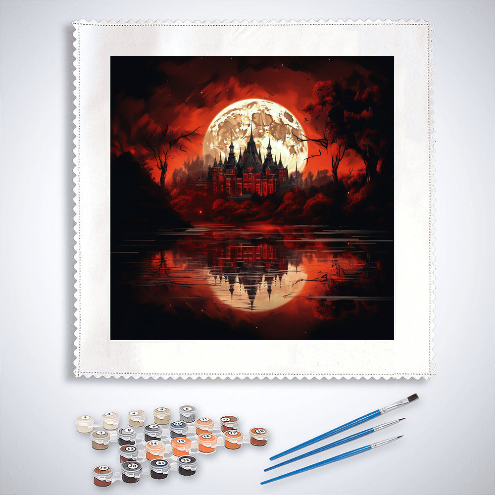 Paint by Numbers set featuring a majestic castle under a blood moon, with paint supplies and brushes included.