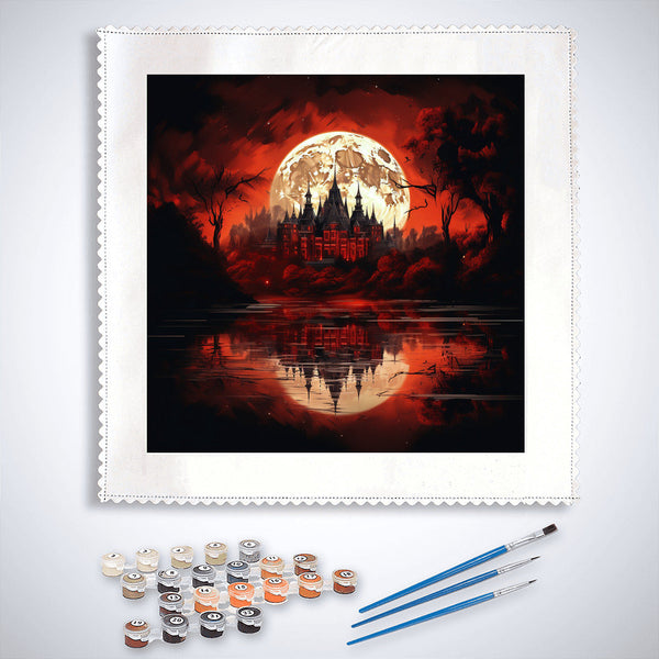 Paint by Numbers set featuring a majestic castle under a blood moon, with paint supplies and brushes included.