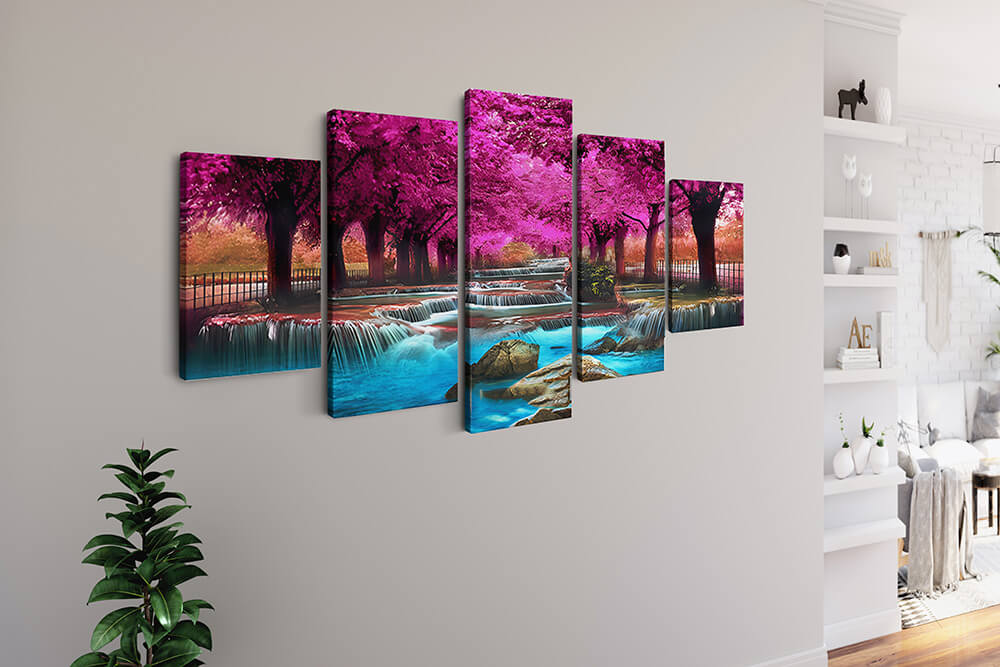Malen nach Zahlen 5 teilig - Wasserfallfluss zwischen pinken Bäumen - hochwertige Leinwand - multi5, neue_bilder