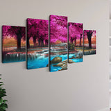 Malen nach Zahlen 5 teilig - Wasserfallfluss zwischen pinken Bäumen - hochwertige Leinwand - multi5, neue_bilder