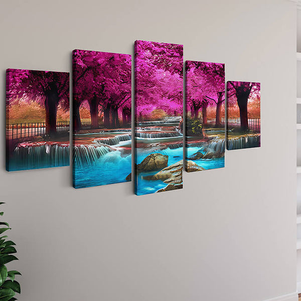 Malen nach Zahlen 5 teilig - Wasserfallfluss zwischen pinken Bäumen - hochwertige Leinwand - multi5, neue_bilder