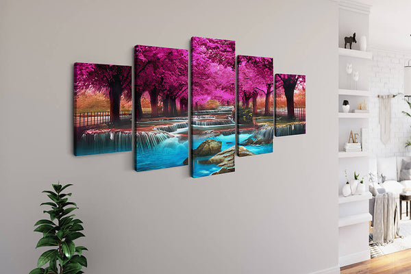 Malen nach Zahlen 5 teilig - Wasserfallfluss zwischen pinken Bäumen - hochwertige Leinwand - multi5, neue_bilder