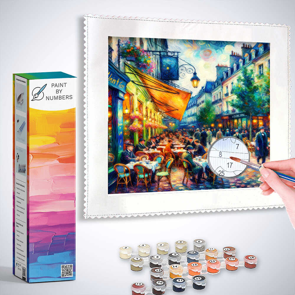 Paint by Numbers - Evening whispers on the terrace kit showing café scene with warm tones, street lamps, paints, and brushes.