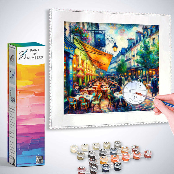 Paint by Numbers - Evening whispers on the terrace kit showing café scene with warm tones, street lamps, paints, and brushes.