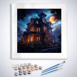 Paint by Numbers kit with a spooky Halloween shower house design, featuring paints and brushes.