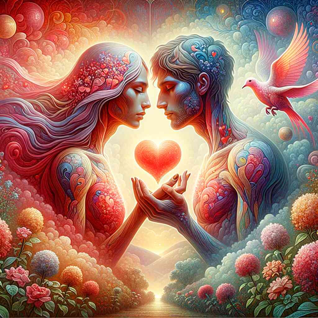 Paint by Numbers - Whispers of the Heart, featuring two lovers merging in a vibrant, surreal Garden of Eden with colorful floral patterns.