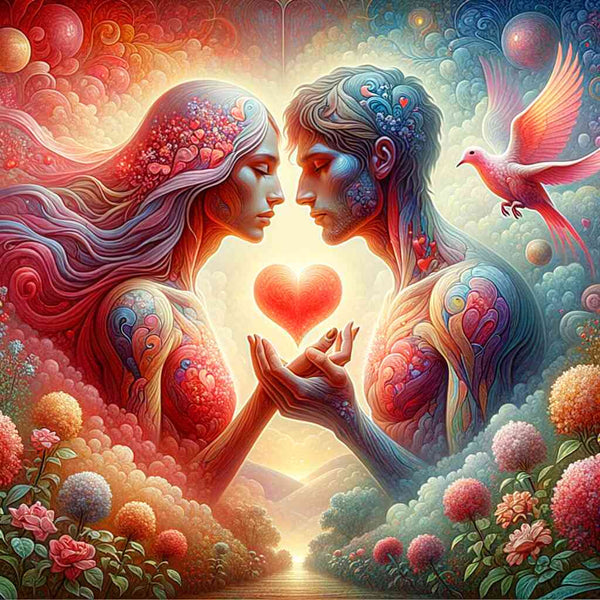 Paint by Numbers - Whispers of the Heart, featuring two lovers merging in a vibrant, surreal Garden of Eden with colorful floral patterns.