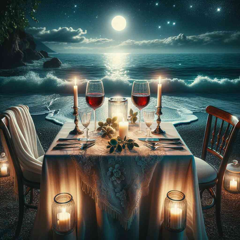 Paint by Numbers - Moonlight Serenade. Romantic candlelit table on the beach under a moonlit starry night with serene waves in Mediterranean scenery.