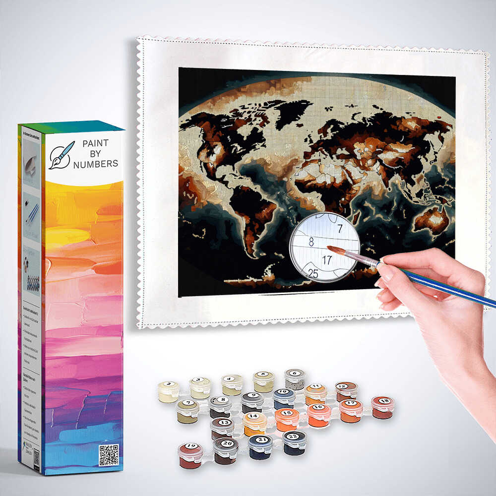 Paint by Numbers - World map in brown on black