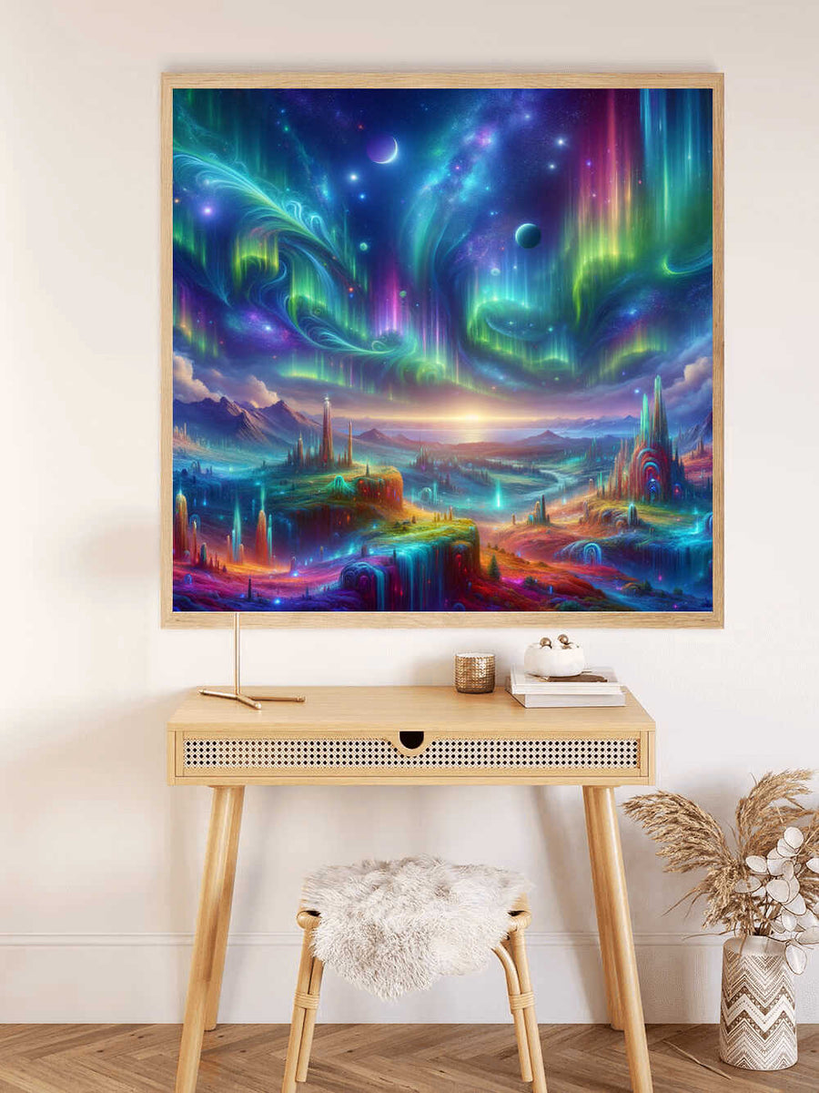 Paint by Numbers - Cosmic Awakening displayed on a wall above a wooden desk, depicting vibrant colors, mystical landscapes, and flowing waterfalls.