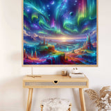 Paint by Numbers - Cosmic Awakening displayed on a wall above a wooden desk, depicting vibrant colors, mystical landscapes, and flowing waterfalls.