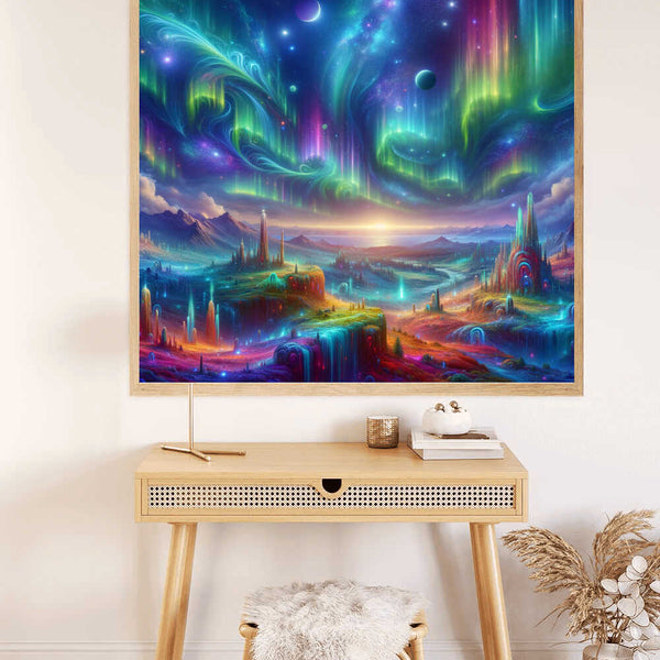 Paint by Numbers - Cosmic Awakening displayed on a wall above a wooden desk, depicting vibrant colors, mystical landscapes, and flowing waterfalls.