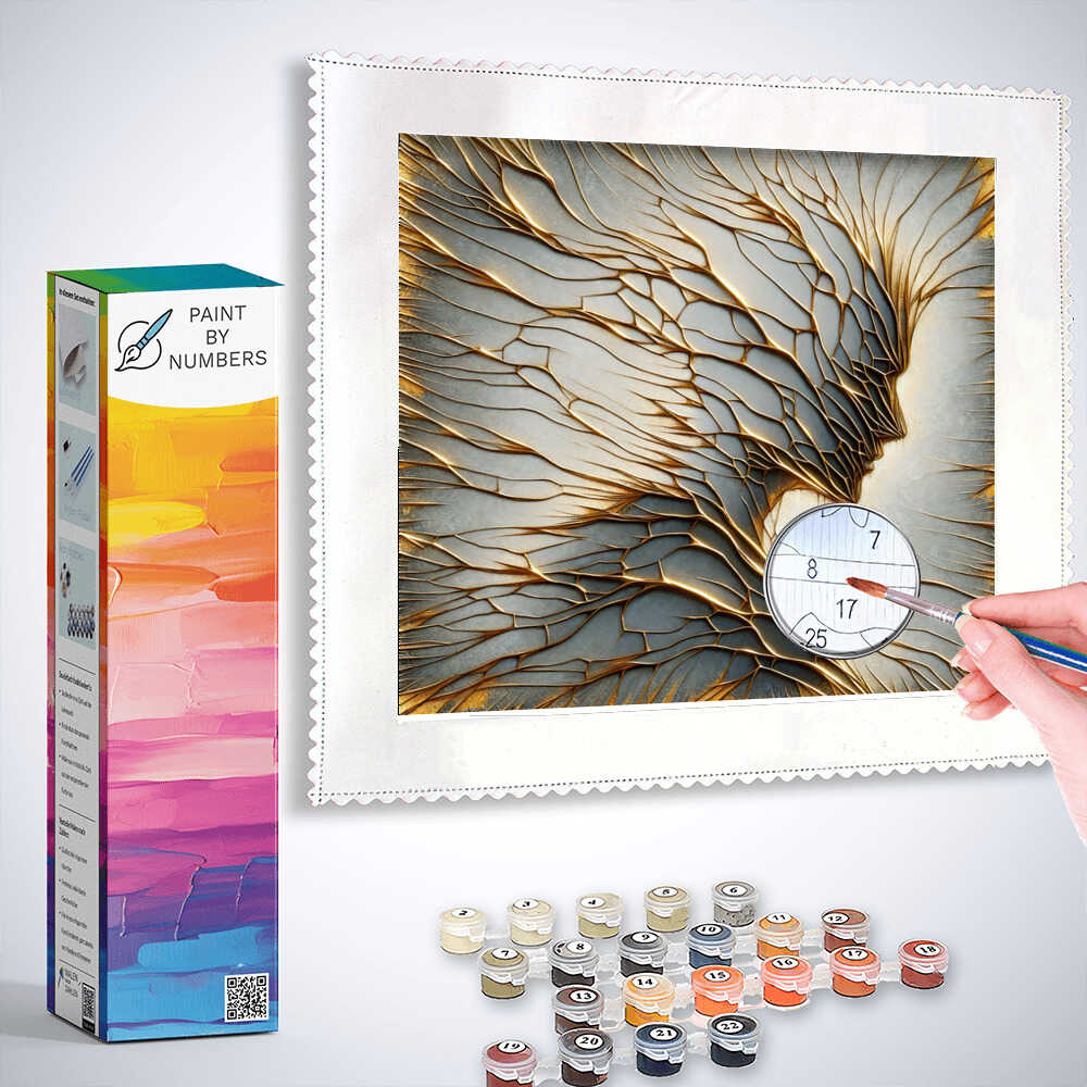 Paint by Numbers kit Whispered Elegance with golden veins and metallic tones, featuring paint pots and a hand painting the canvas.