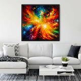 Living room with Diamond Painting - Cosmic Vastness, colorful abstract art above white sofa, enhancing home decor.