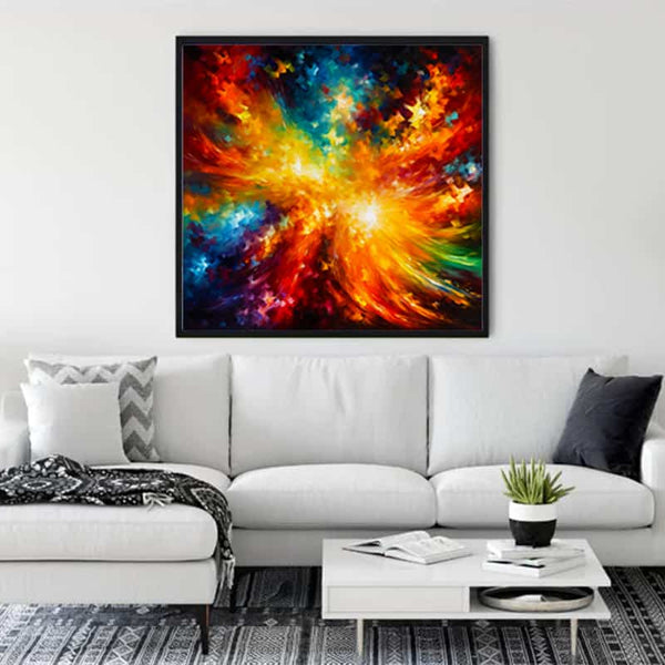 Living room with Diamond Painting - Cosmic Vastness, colorful abstract art above white sofa, enhancing home decor.