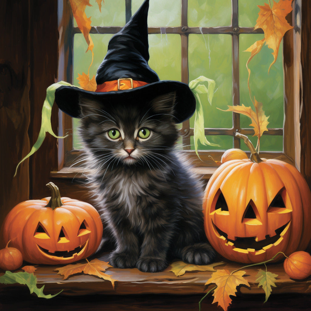 Black kitten in witch hat sitting on window ledge with jack-o'-lanterns and autumn leaves, Paint by Numbers design.