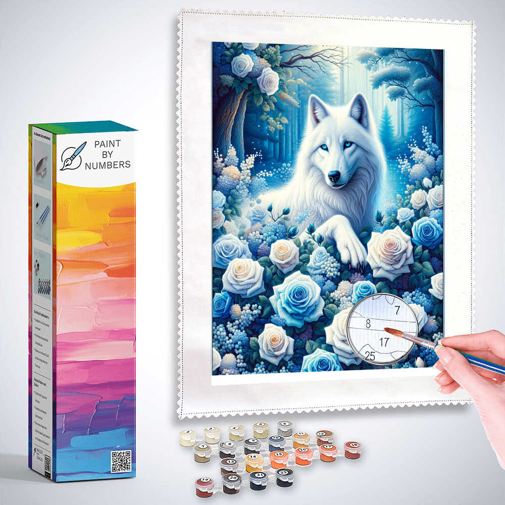 Paint by Numbers - White wolf with roses