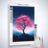 Diamond Painting Japanese tree kit featuring a vibrant cherry blossom tree on canvas with acrylic diamonds, tweezers, and applicator pen. Paint by Numbers.