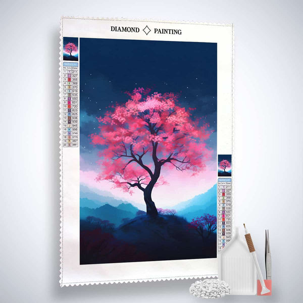Diamond Painting Japanese tree kit featuring a vibrant cherry blossom tree on canvas with acrylic diamonds, tweezers, and applicator pen. Paint by Numbers.