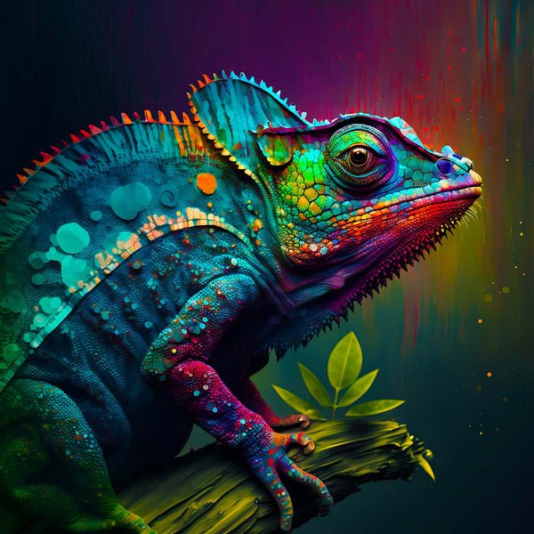 Magnificent chameleon diamond painting kit with vibrant colors resting on a branch - AB Diamond Painting.