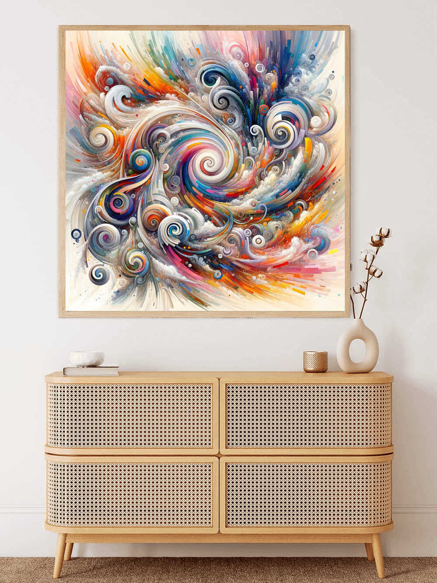 Abstract colorful swirl painting on wall above wooden rattan dresser with minimalist decor
