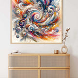 Abstract colorful swirl painting on wall above wooden rattan dresser with minimalist decor