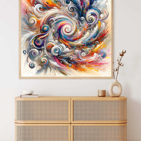 Abstract colorful swirl painting on wall above wooden rattan dresser with minimalist decor