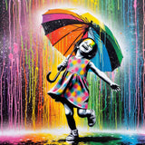 Paint by Numbers - Young girl dancing under a colorful umbrella with vibrant rain splashes, showcasing the joy of childhood and fantasy.