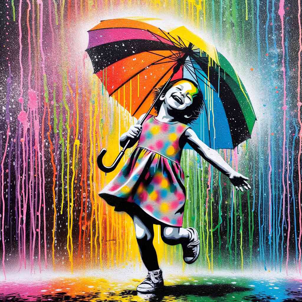 Paint by Numbers - Young girl dancing under a colorful umbrella with vibrant rain splashes, showcasing the joy of childhood and fantasy.
