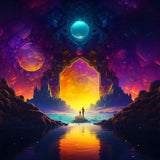 Father and child in serene landscape with glowing sunset, surrounded by a cosmic archway in a Diamond Painting design. Paint by Numbers kit.
