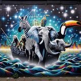 Paint by Numbers - Kosmische Arche: Vibrant night scene with zebra, elephant, and bear sailing through the starry sky, blending urban and wild elements.
