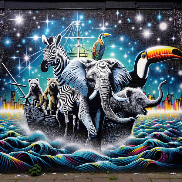 Paint by Numbers - Kosmische Arche: Vibrant night scene with zebra, elephant, and bear sailing through the starry sky, blending urban and wild elements.