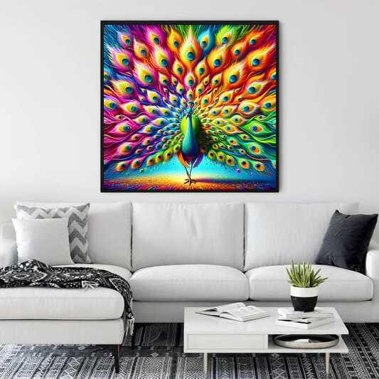 Paint by Numbers - Color Explosion of Peacock Pride artwork displayed in a modern living room decor.
