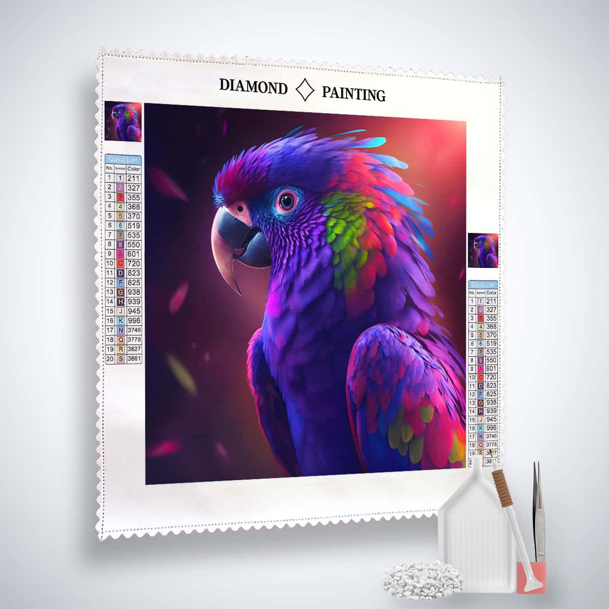 AB Diamond Painting - Papagai Purple kit with Paint by Numbers design of a colorful parrot on a professional canvas with tools included.