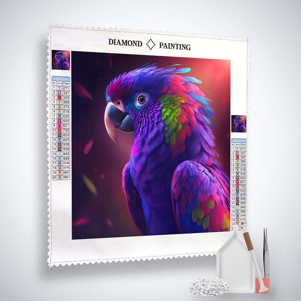 AB Diamond Painting - Papagai Purple kit with Paint by Numbers design of a colorful parrot on a professional canvas with tools included.