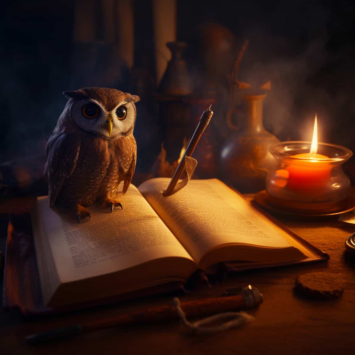Owl sitting on an open book next to a lit candle, representing Diamond Painting - Owl Candlelight kit in Paint by Numbers.