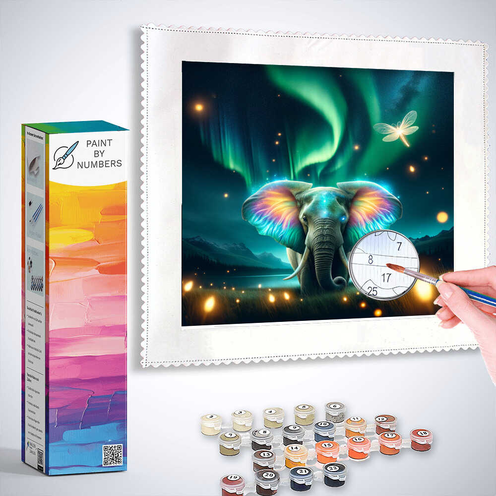 Paint by Numbers kit of an elephant with colorful ears under Northern Lights and fireflies with artistic tools