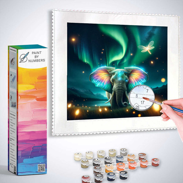 Paint by Numbers kit of an elephant with colorful ears under Northern Lights and fireflies with artistic tools