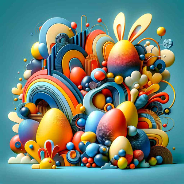 Paint by Numbers abstract art with colorful egg-shaped structures, spiral lines, vibrant blues, warm oranges, and calming yellow tones.