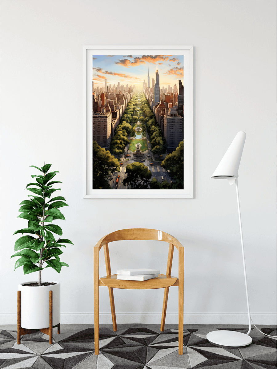 Paint by Numbers - NY Cityscape framed artwork displayed in a modern room with chair, plant, and floor lamp.